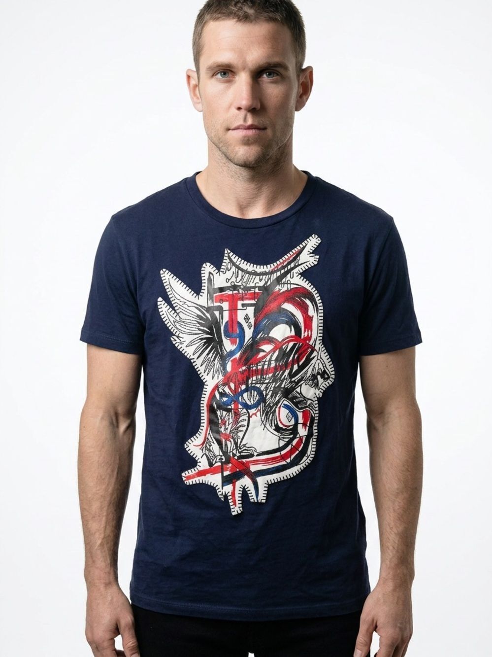 BALMAIN | Navy Short Sleeve Graffiti Graphic Tee Red Accent Men’s Size XXXL